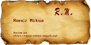 Rencz Miksa névjegykártya
